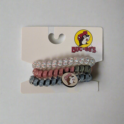Buc-ee's 3-pack telephone cord hair ties in blue, pink, and floral designs