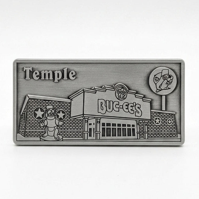 Buc-ee's Temple Metal Magnet on a classic white background. 