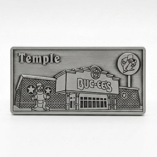 Buc-ee's Temple Metal Magnet on a classic white background. 