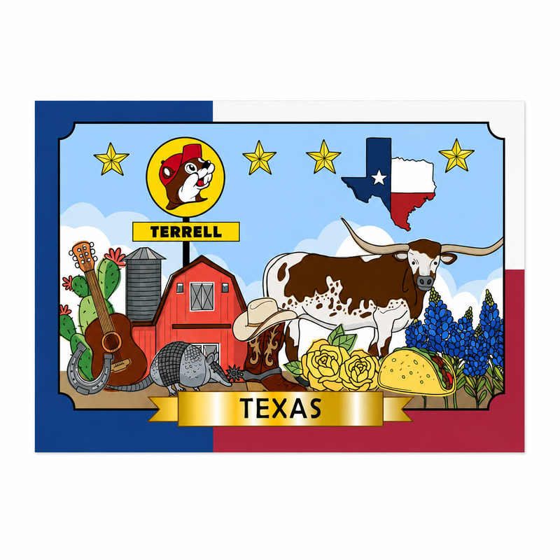 A Texas-themed souvenir postcard set against a Texas flag background. The central artwork displays a Longhorn steer, an armadillo, bluebonnets, a taco, yellow roses, cowboy boots, a guitar, and a red barn next to a Buc-ee's sign reading "TERRELL", with a gold banner across the bottom reading "TEXAS".