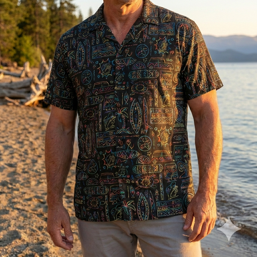 Man wearing a patterned shirt standing on a beach with water and trees in the background
