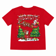 Red toddler T-shirt back showing "BELIEVE" across the top, Santa Buc-ee in a sleigh pulled by reindeer over Christmas trees, and "2026" ornaments.