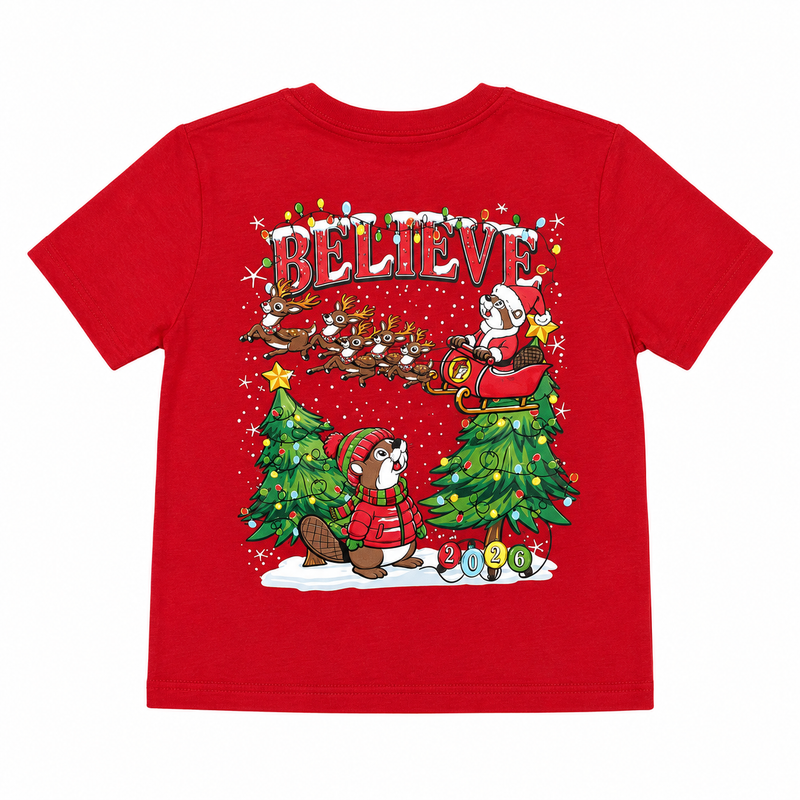 Red toddler T-shirt back showing "BELIEVE" across the top, Santa Buc-ee in a sleigh pulled by reindeer over Christmas trees, and "2026" ornaments.