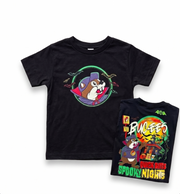 Two black short-sleeve graphic T-shirts shown on a white background, one laid flat and one folded. The flat shirt features a circular cartoon character graphic on the chest, and the folded shirt shows a larger multicolor 'Buck Rogers Spooky Night' graphic on the front.
