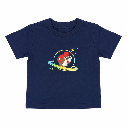 Navy blue short-sleeve Buc-ee’s Toddler T-shirt featuring the Buc-ee’s beaver in a colorful planetary ring design with stars and space-themed details on a clean white background.