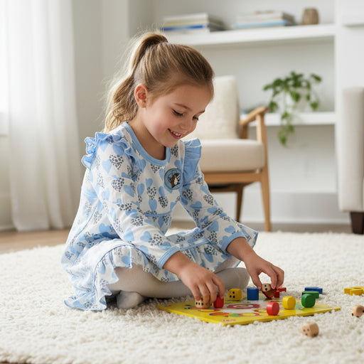 A young girl sitting on the ground playing with wooden toys wearing a light blue and white toddler gown with long sleeves, ruffled hem, snow-leopard heart pattern, and a small Buc-ee’s logo patch on the chest. 