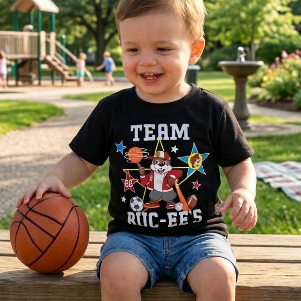 A lifestyle photo of a young toddler sitting on a wooden park bench, smiling and looking off-camera. The child is wearing the 'Team Buc-ee's' black sports t-shirt and denim shorts, with one hand resting on a basketball. The background features a sunny, lush green park with a playground, and walking path.