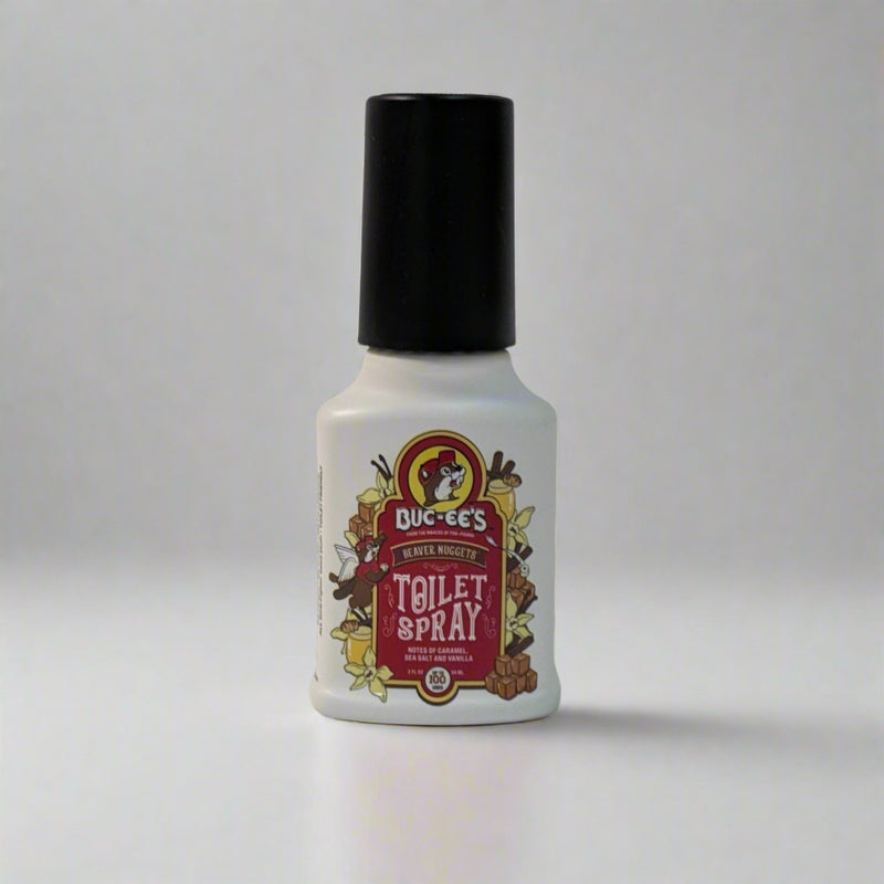 Buc-ee’s Toilet Spray bottle with a black cap and a Beaver Nuggets-themed label, designed to eliminate odors with a sweet scent.

