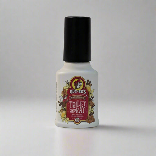 Buc-ee’s Toilet Spray bottle with a black cap and a Beaver Nuggets-themed label, designed to eliminate odors with a sweet scent.

