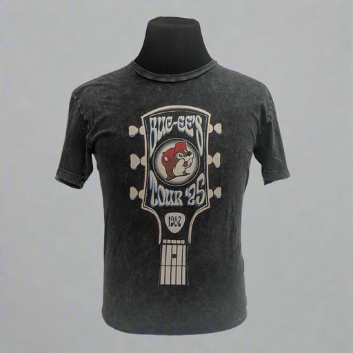 Buc-ee's Tour Shirt. Gray/blackish with a guitar and Buc-ee's sign. 