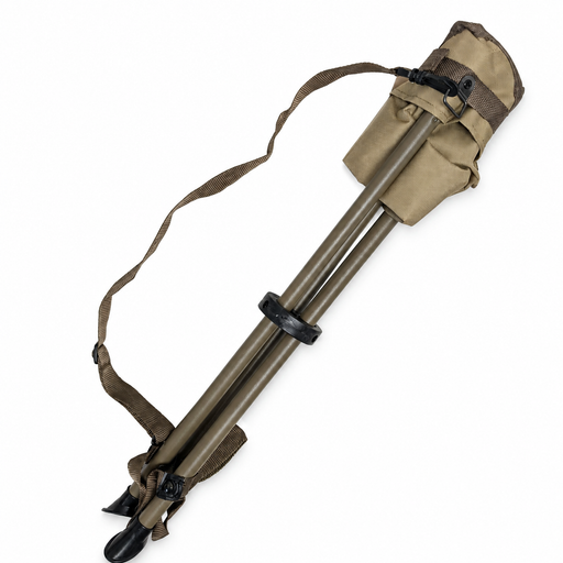 A collapsed Buc-ee's tripod hunting stool wrapped tightly with its integrated shoulder strap for portable transport.