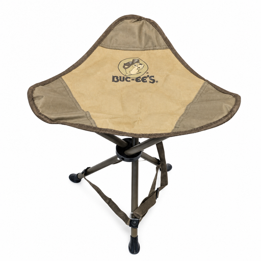 Front view of an open Buc-ee's tripod hunting stool featuring a tan and olive green triangular fabric seat with the Buc-ee's logo and dark grey metal legs.