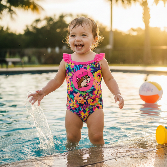 A toddler in a pool wearing a Buc-ee's Girls' Tropical Floral one piece swim suit. A tropical print with hibiscus flowers over a blue base with a pink Buc-ee logo with pink hat in the center of the suit. With pink lined top edge and pink ruffle straps.
