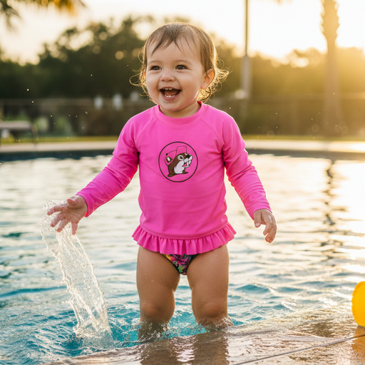 A toddler in a pool wearing the Buc-ee's Tropical Floral Swimset featuring a solid bright pink long-sleeve rash guard top with a circular graphic of the Buc-ee's mascot in a pink hat centered on the chest. The matching swim bottoms feature a vibrant tropical floral print with hibiscus flowers and the Buc-ee's mascot, finished with a ruffled pink waistband and a solid pink interior lining.