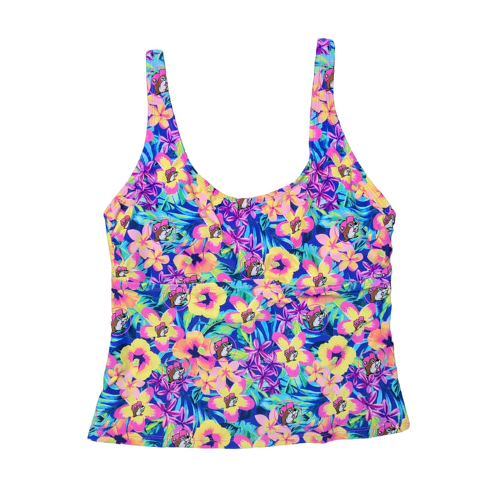 A women’s tankini swim top featuring a vibrant all-over tropical print with large yellow, pink, and purple hibiscus flowers on a bright blue background. The pattern includes the iconic Buc-ee’s beaver mascot wearing a pink hat nestled among the blooms. The top has wide, comfortable straps and a flattering scoop neckline, displayed on a clean white background.