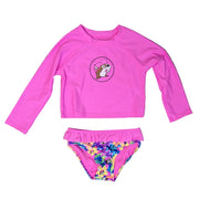 Buc-ee’s girl’s tropical floral two-piece swim set with colorful flower print and Buc-ee beaver logo, bright summer swimsuit for kids.