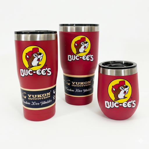 Three red tumblers with Buc-ee's logo on a white background