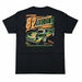 Back of black Buc-ee’s Turnin’ and Burnin’ t-shirt featuring a green race car graphic with Buc-ee’s beaver, number 82, and neon orange and green racing accents, displayed on a clean white background.