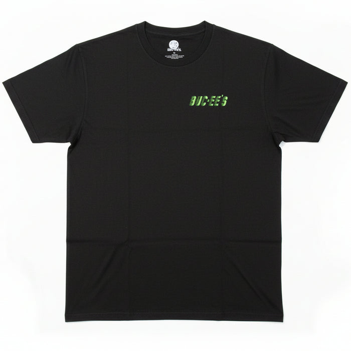 The front of a Black Buc-ee’s Turnin’ and Burnin’ t-shirt with small green Buc-ee’s logo on the left chest, displayed on a clean white background.