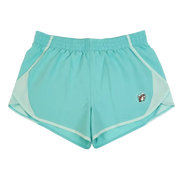 Buc-ee’s women’s turquoise track shorts with elastic waistband, mesh side panels, and Buc-ee’s beaver logo