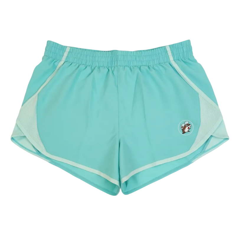 Buc-ee’s women’s turquoise track shorts with elastic waistband, mesh side panels, and Buc-ee’s beaver logo