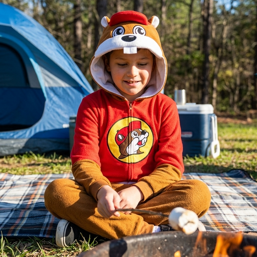 A young child sitting cross-legged on a plaid blanket at a campsite, wearing a Buc-ee's youth union suit. The child is holding a stick over a small campfire, roasting a marshmallow. A blue tent and a cooler are visible in the background among the trees.