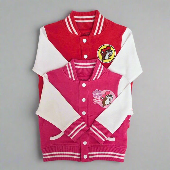 Buc-ee's Varsity Kid Jackets. Red and Pink with Buc-ee's logo and snap buttons. 