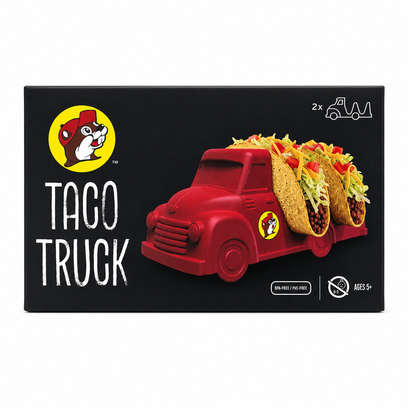 Buc-ee’s Taco Truck packaging box showing a red vintage truck taco holder holding two tacos filled with meat, lettuce, and cheese.
