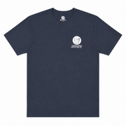 Navy blue Buc-ee’s T-shirt featuring a small white beaver logo and “BUC-EE’S” lettering on the left chest, with a crew neckline and short sleeves, displayed on a clean white background.