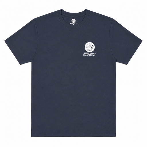 Navy blue Buc-ee’s T-shirt featuring a small white beaver logo and “BUC-EE’S” lettering on the left chest, with a crew neckline and short sleeves, displayed on a clean white background.