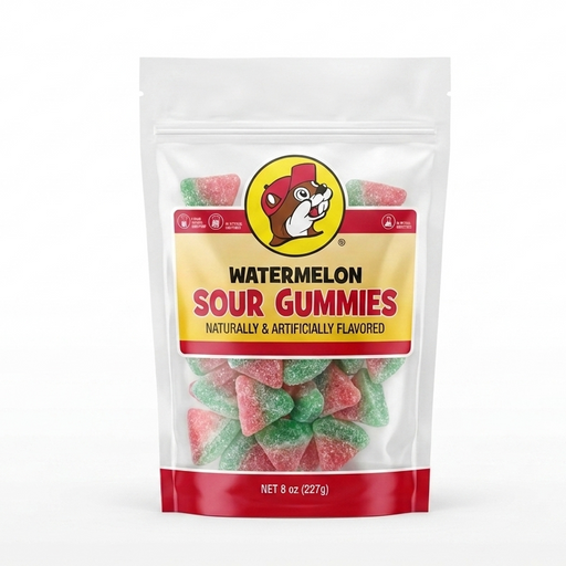 A bag of Buc-ee's Watermelon Sour Gummies centered on a solid white background. The clear pouch features the yellow Buc-ee's beaver logo and showcases the pink and green, sugar-coated gummy candies inside.