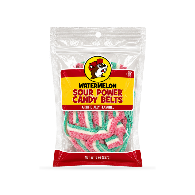 Buc-ee's Watermelon Sour Power Candy Belts, 8 oz clear bag of sugar-coated pink, white and green sour strips, non-GMO