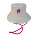 A product photo of a white Buc-ee’s bucket hat with the beaver logo featuring a pink cap, including an adjustable pink drawstring and toggle. Displayed on a clean white background.