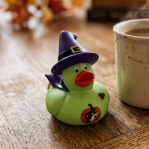 Buc-ee's Witch Rubber Duck on a table. 