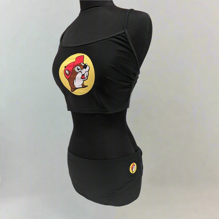 Buc-ee's Women's Black Logo Swim Suit Set. Sold separately with a top and a bottom both black with Buc-ee's logo on it. 