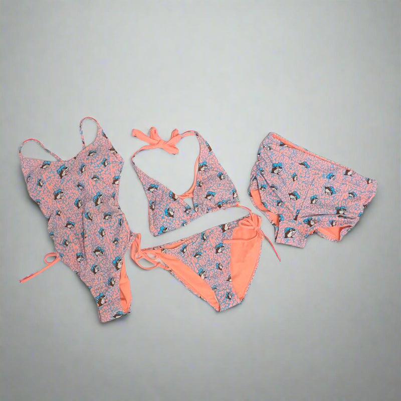 Buc-ee's Women's Leopard Swim Suits. Pink and Blue Leopard print comes in a bikini style, one-piece, and a pair on swim bottoms.
