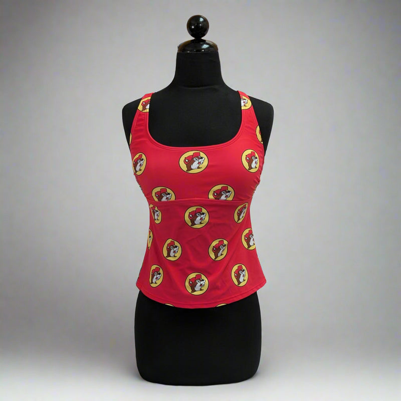Buc-ee's Women's Red Logo Tankini Top. Red with Buc-ee's logos all over it. 