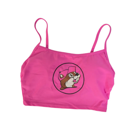 A Buc-ee's Women's Pink Logo Swim Crop Top, featuring a square neckline, thin camisole-style straps and a centered large Buc-ee beaver mascot logo wearing a pink hat, displayed on a clean white background.