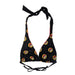 A Buc-ee's Women's Red Logo Reversible Bikini Top showing the black side. A triangle-style bikini top in black fabric with matching black halter neck and back ties. With a repeating pattern of the iconic yellow and red Buc-ee’s beaver logo. Swimsuit displayed on a clean white background.