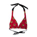 A Buc-ee's Red Logo Reversible Bikini Top . A classic triangle-style bikini top showing the red side with black halter neck and back ties, repeating pattern of the iconic yellow and red Buc-ee’s beaver logo. All displayed on a clean white background.