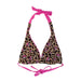 A Buc-ee's women's reversible bikini top showing the leopard print side. The halter-style top features a leopard print with pink Buc-ee's mascot icons and bright pink ties at the neck and back. The matching tie-side bottoms feature the same leopard print pattern with pink mascot icons and adjustable pink side ties, displayed on a clean white background.