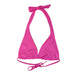 A Buc-ee's women's reversible bikini top, showing the solid bright pink side. Triangle-style. The top is designed with thick pink fabric straps that tie in a bow at the back of the neck as a halter, and thin pink string ties at the base, displayed on a clean white background.