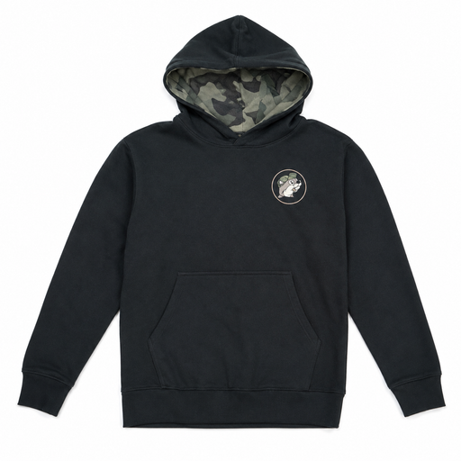 Youth black pullover hoodie laid flat, featuring a small circular Buc-ee beaver logo on the chest, a front pocket, and a camo-lined hood.