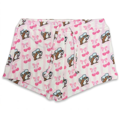 Buc-ee's youth pink lounge shorts featuring an all-over Buc-ee beaver and cherry print with an elastic waistband and decorative front tie.