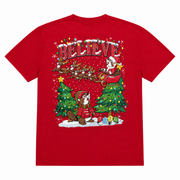 Red youth Christmas T-shirt featuring a “BELIEVE” design with Santa in a sleigh pulled by reindeer, decorated Christmas trees, a festive beaver, and “2026” ornaments.