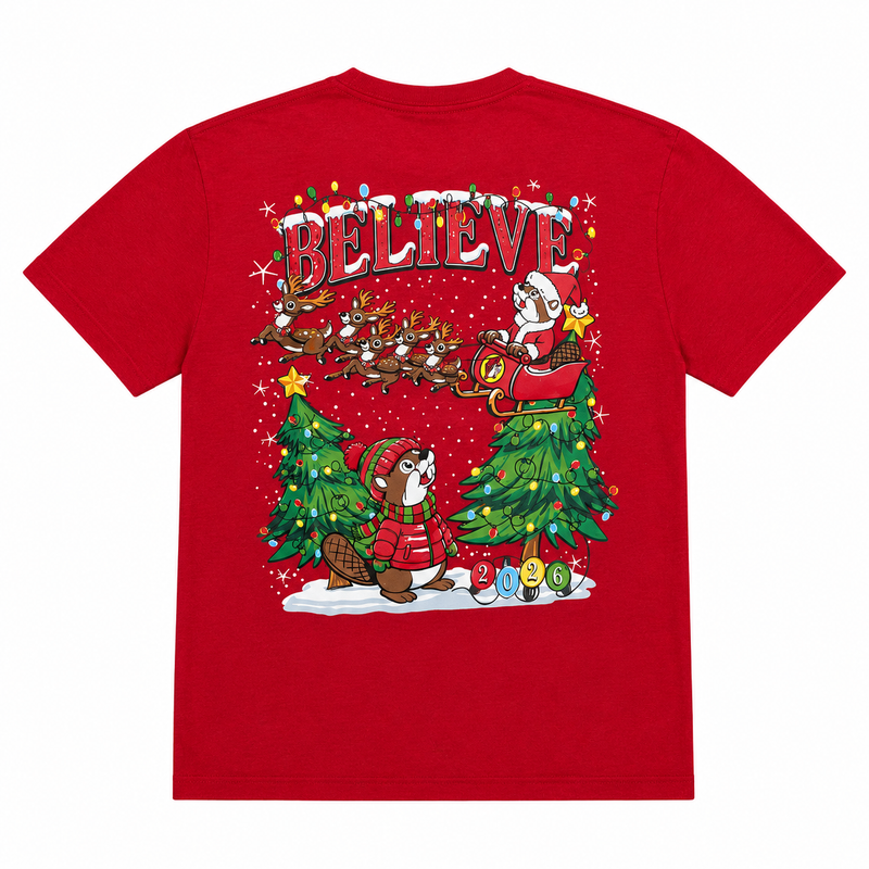 Red youth Christmas T-shirt featuring a “BELIEVE” design with Santa in a sleigh pulled by reindeer, decorated Christmas trees, a festive beaver, and “2026” ornaments.