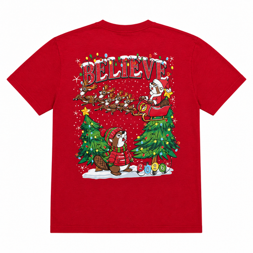 Red youth Christmas T-shirt featuring a “BELIEVE” design with Santa in a sleigh pulled by reindeer, decorated Christmas trees, a festive beaver, and “2026” ornaments.