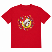 Red youth Christmas T-shirt featuring a Santa-hat Buc-ee’s beaver surrounded by colorful Christmas lights and holiday accents.