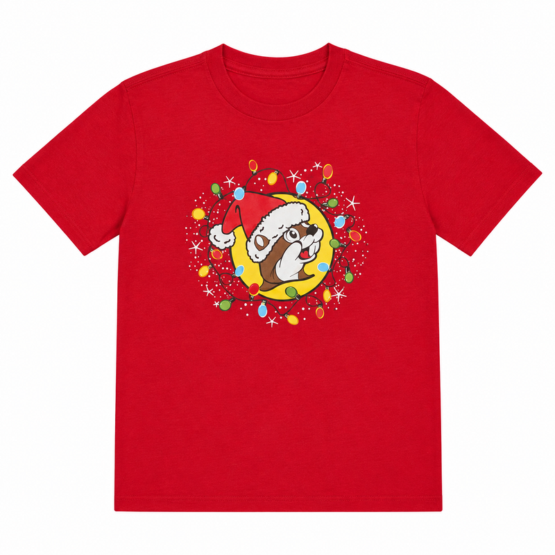 Red youth Christmas T-shirt featuring a Santa-hat Buc-ee’s beaver surrounded by colorful Christmas lights and holiday accents.