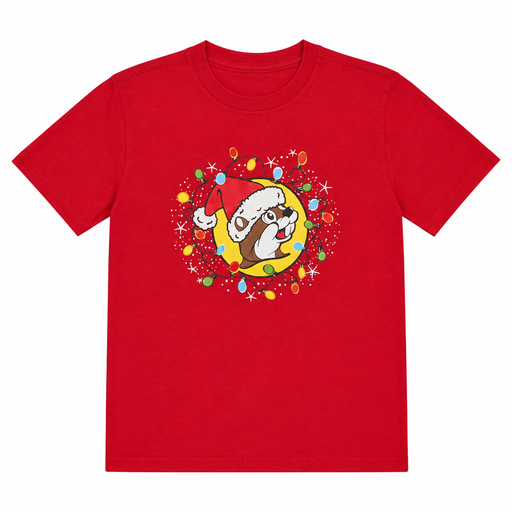 Red youth Christmas T-shirt featuring a Santa-hat Buc-ee’s beaver surrounded by colorful Christmas lights and holiday accents.